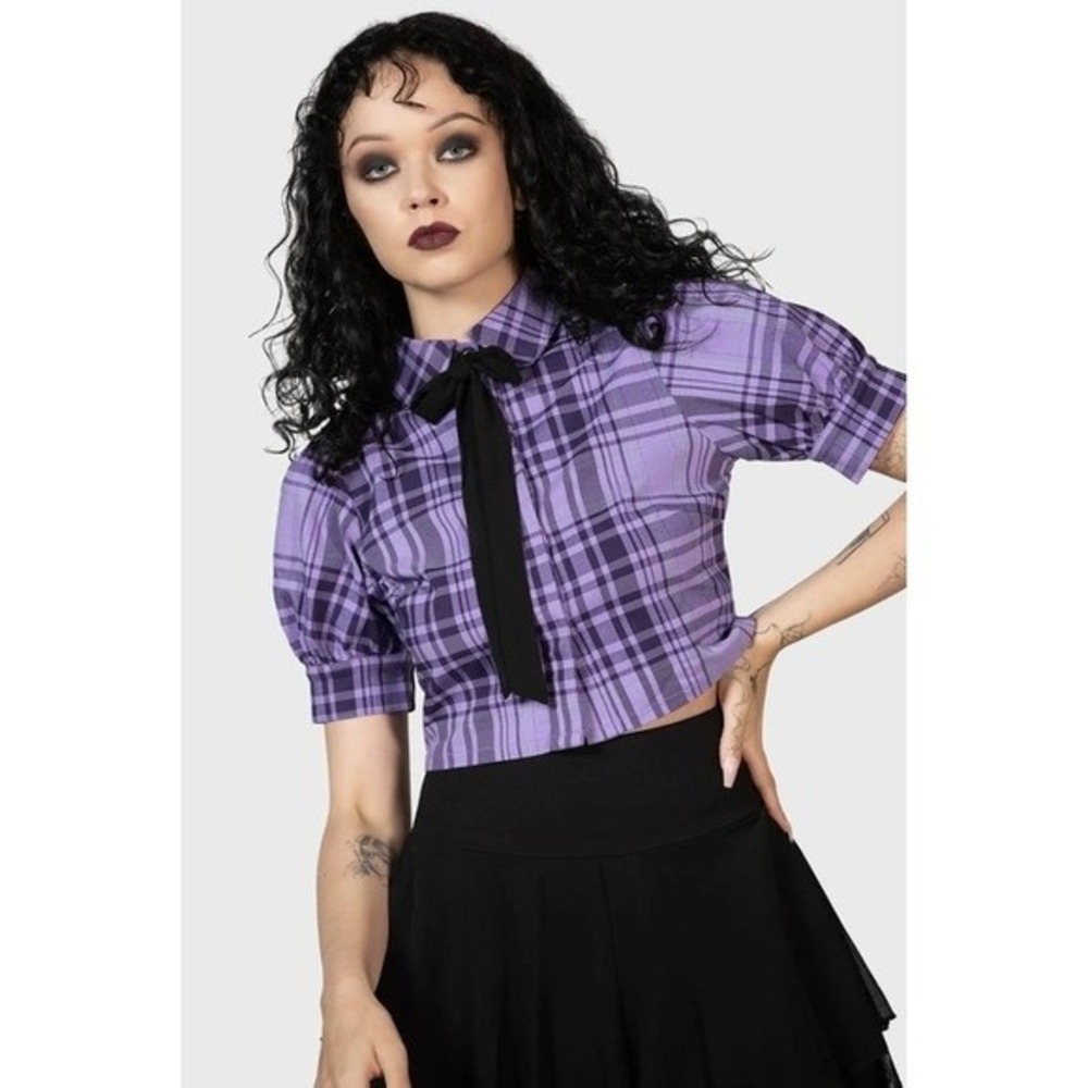 Killstar hayee ribbon lilac tartan cropped blouse